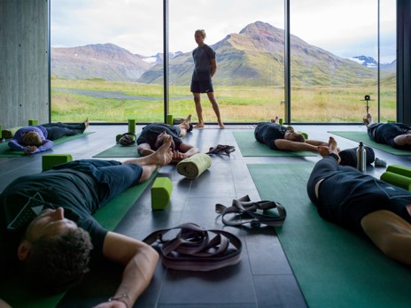 Rise early for a guided stretch in the yoga studio with incredible views